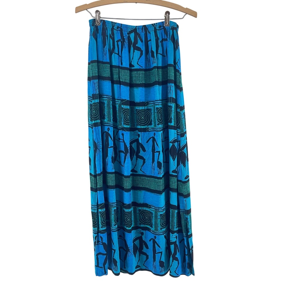 Vintage 90s Tribal Print Maxi Skirt African Dancer Boho Festival Drape Faux Wrap - Picture 10 of 11